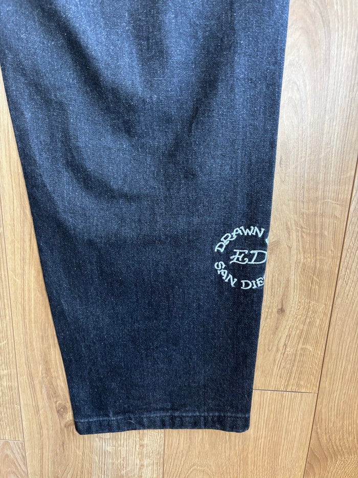 Ed Hardy Skull Flame Baggy Jeans W32 Black Denim Y2K Embroidered Graphic