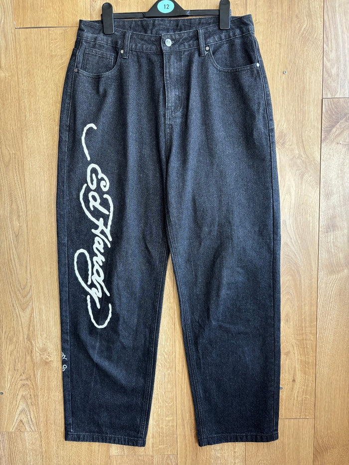 Ed Hardy Skull Flame Baggy Jeans W32 Black Denim Y2K Embroidered Graphic