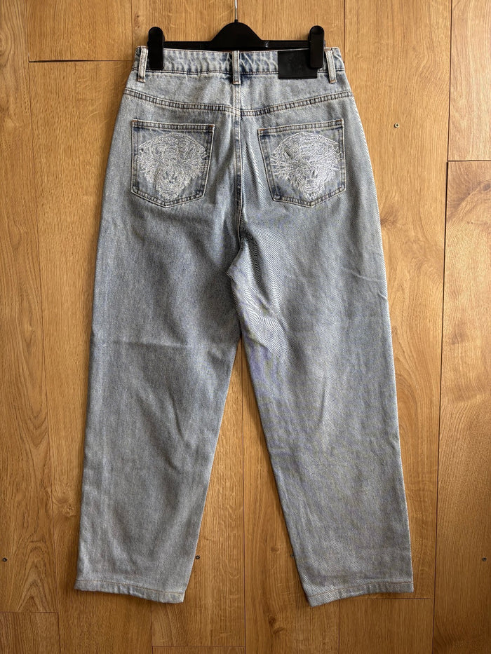 Ed Hardy Tiger Embroidered Rhinestone Jeans Light Wash Baggy W28 Y2K