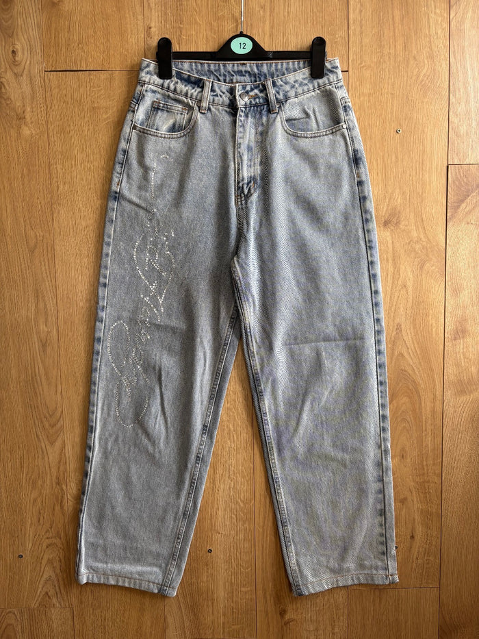 Ed Hardy Tiger Embroidered Rhinestone Jeans Light Wash Baggy W28 Y2K