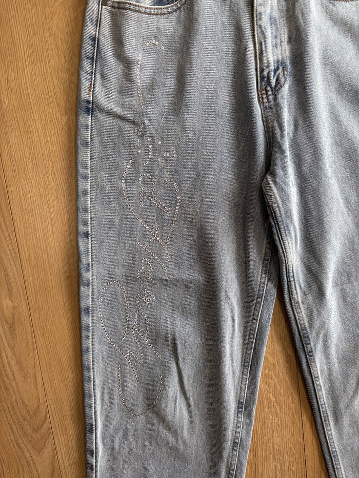 Ed Hardy Tiger Embroidered Rhinestone Jeans Light Wash Baggy W28 Y2K