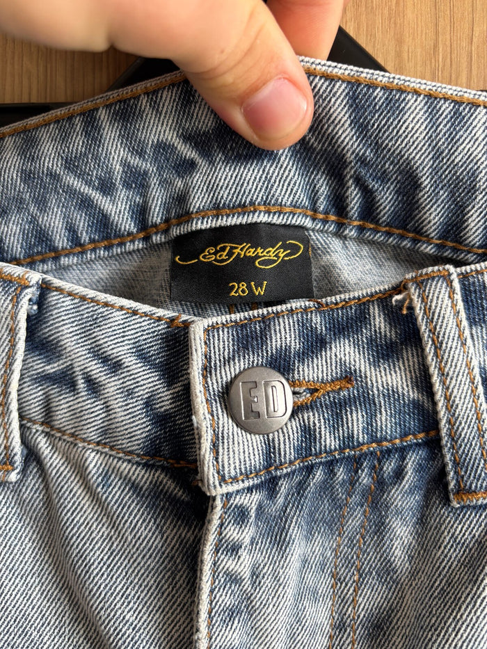 Ed Hardy Tiger Embroidered Rhinestone Jeans Light Wash Baggy W28 Y2K