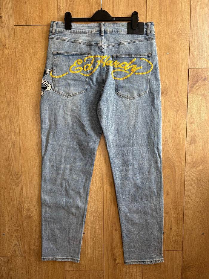 Ed Hardy True Till Death Embroidered Jeans Blue Denim Gold Script Y2K W34