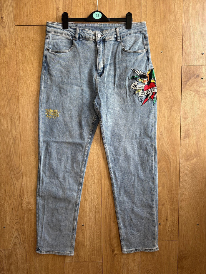 Ed Hardy True Till Death Embroidered Jeans Blue Denim Gold Script Y2K W34