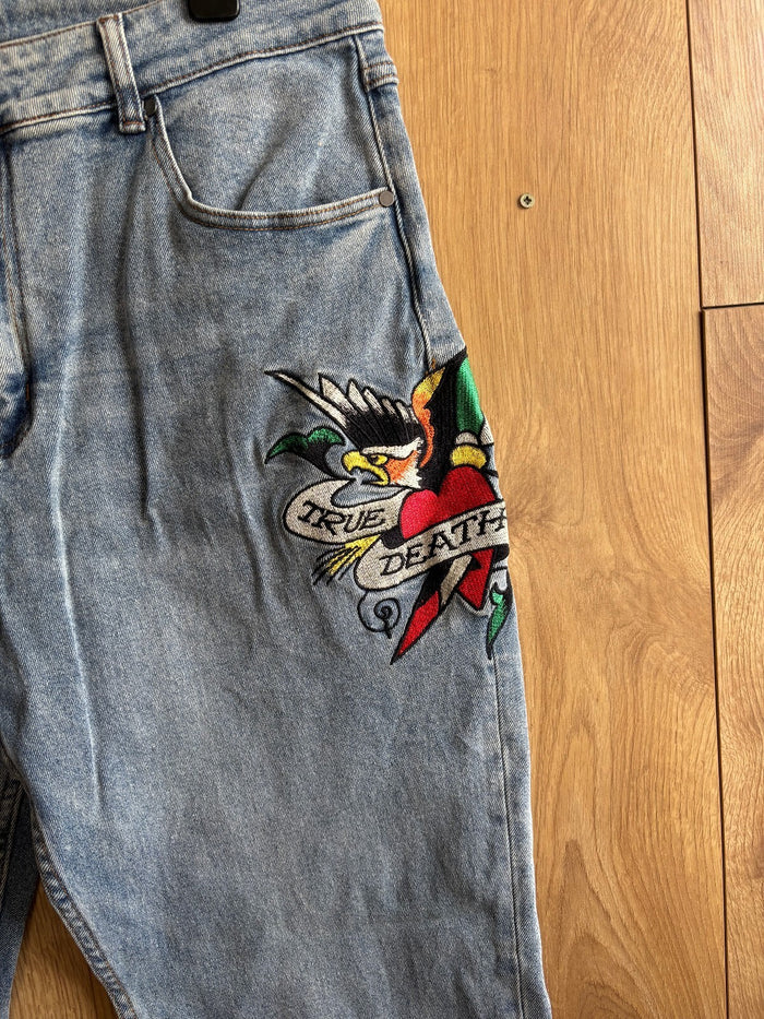 Ed Hardy True Till Death Embroidered Jeans Blue Denim Gold Script Y2K W34