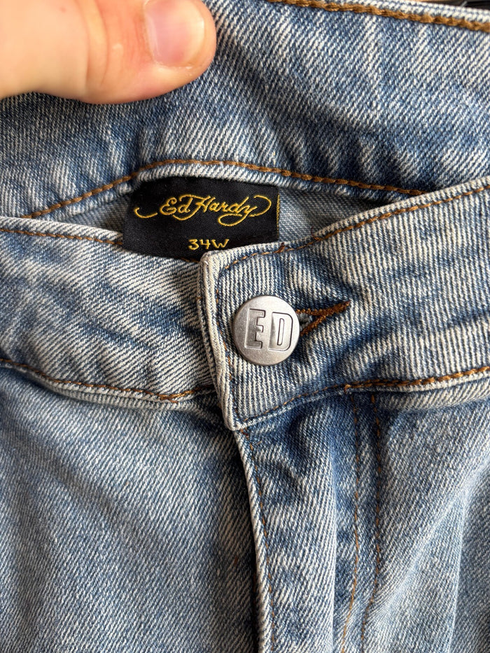 Ed Hardy True Till Death Embroidered Jeans Blue Denim Gold Script Y2K W34