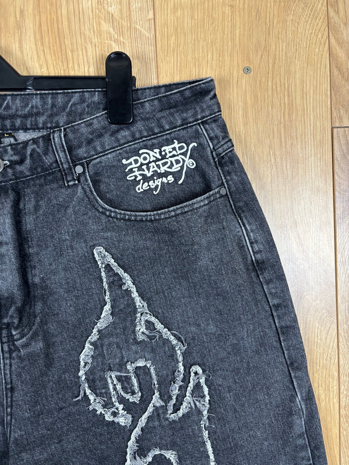 Ed Hardy x Urban Outfitters Black Distressed Denim Jorts Size Large