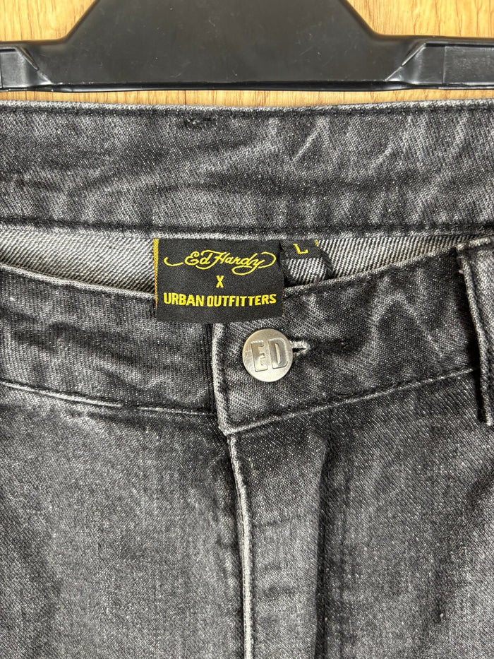 Ed Hardy x Urban Outfitters Black Distressed Denim Jorts Size Large