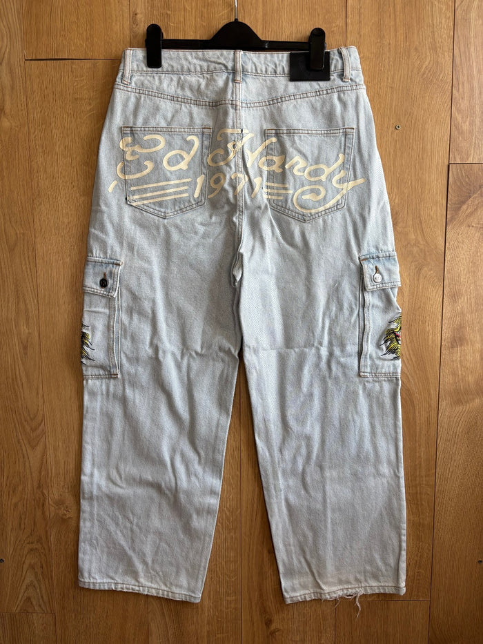 Ed Hardy x Urban Outfitters Cargo Jeans Light Wash Embroidered Dragon W30 L30