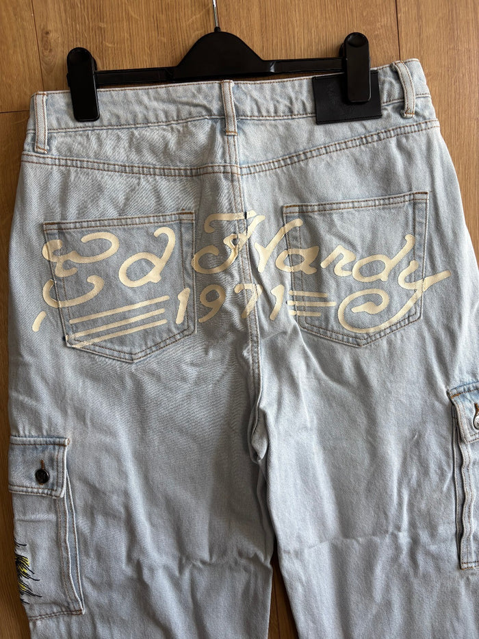 Ed Hardy x Urban Outfitters Cargo Jeans Light Wash Embroidered Dragon W30 L30