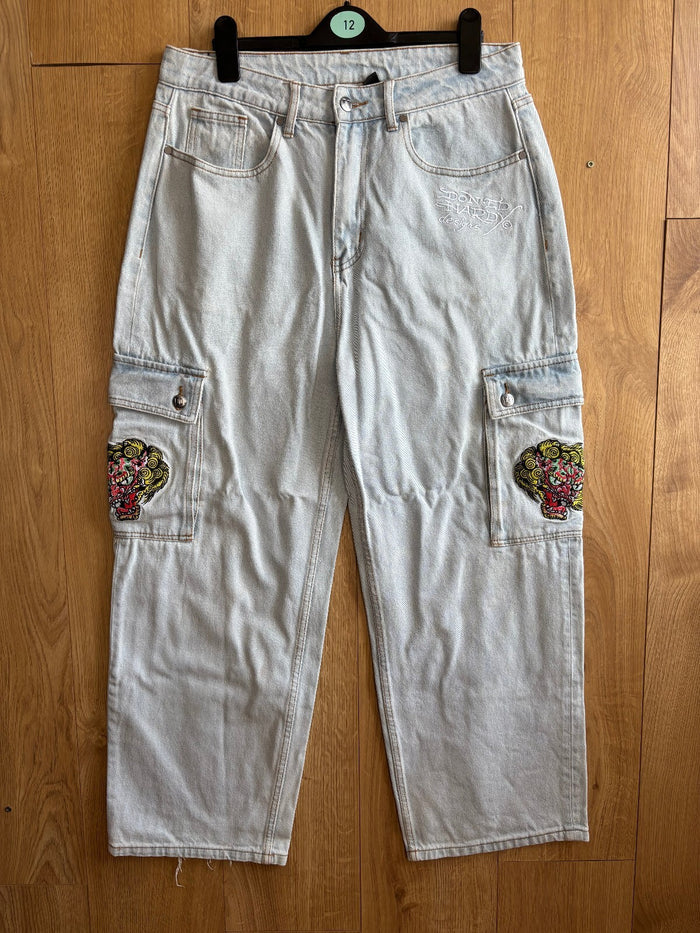 Ed Hardy x Urban Outfitters Cargo Jeans Light Wash Embroidered Dragon W30 L30
