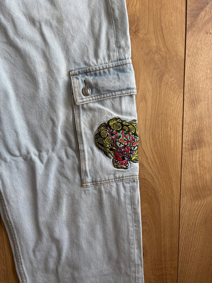 Ed Hardy x Urban Outfitters Cargo Jeans Light Wash Embroidered Dragon W30 L30