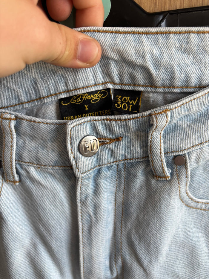 Ed Hardy x Urban Outfitters Cargo Jeans Light Wash Embroidered Dragon W30 L30