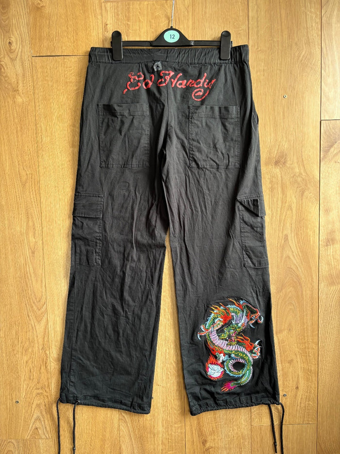 Ed Hardy x Urban Outfitters Dragon Cargo Pants Black Baggy Parachute Y2K Size L