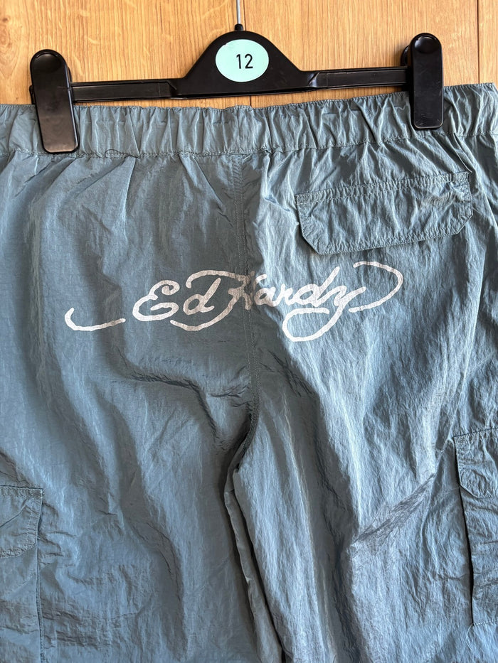 Ed Hardy x Urban Outfitters Dragon Cargo Trousers Grey Nylon Baggy Wide Leg M