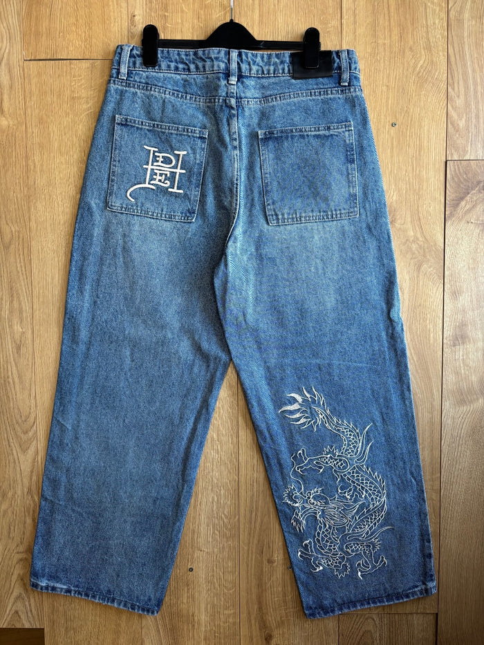 Ed Hardy x Urban Outfitters Dragon Embroidered Baggy Jeans 32W 30L