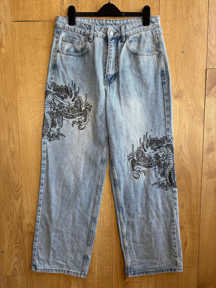 Ed Hardy x Urban Outfitters Dragon Embroidered Jeans Light Wash Baggy Y2K