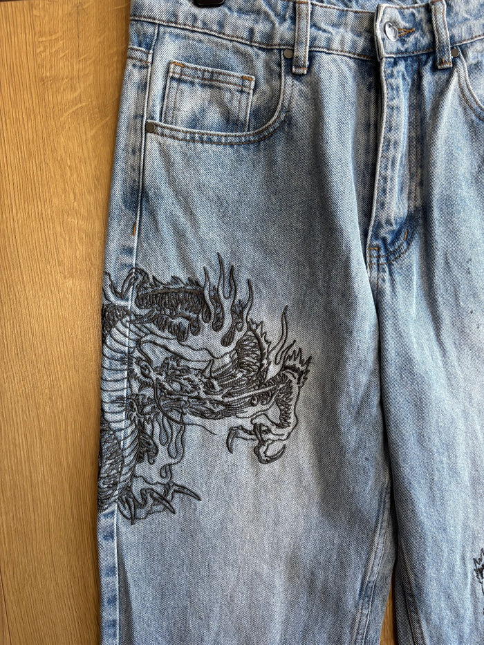 Ed Hardy x Urban Outfitters Dragon Embroidered Jeans Light Wash Baggy Y2K