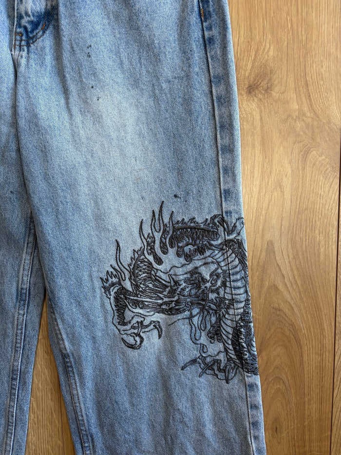 Ed Hardy x Urban Outfitters Dragon Embroidered Jeans Light Wash Baggy Y2K
