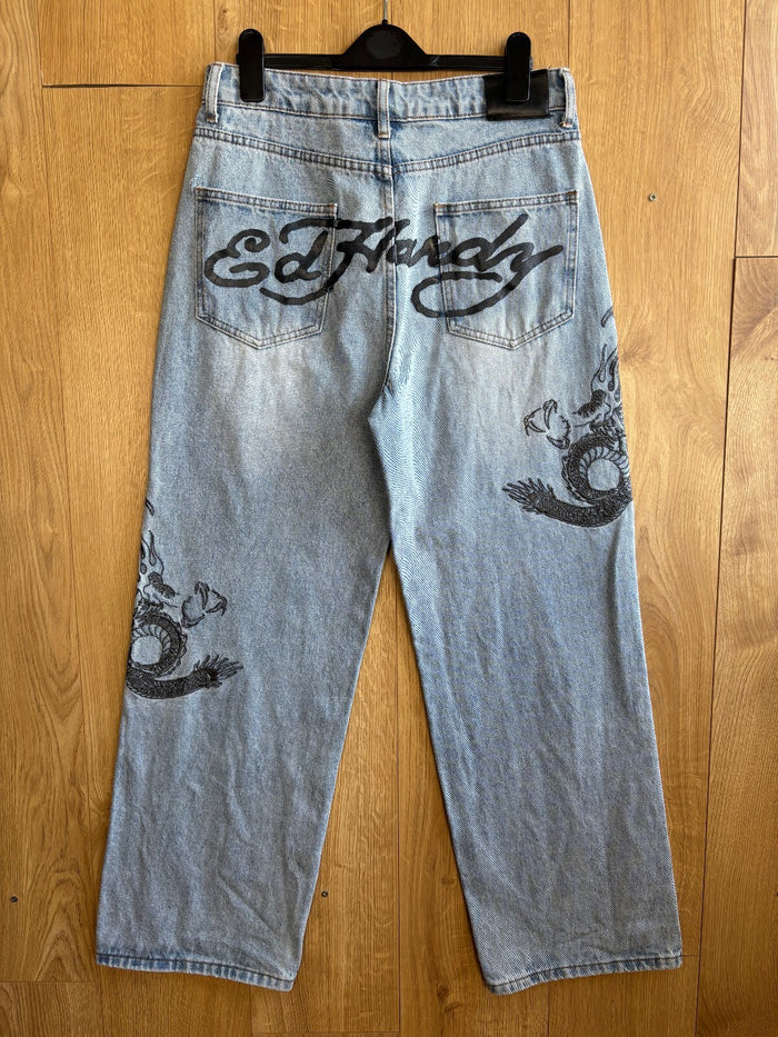 Ed Hardy x Urban Outfitters Dragon Embroidered Jeans Light Wash Baggy Y2K