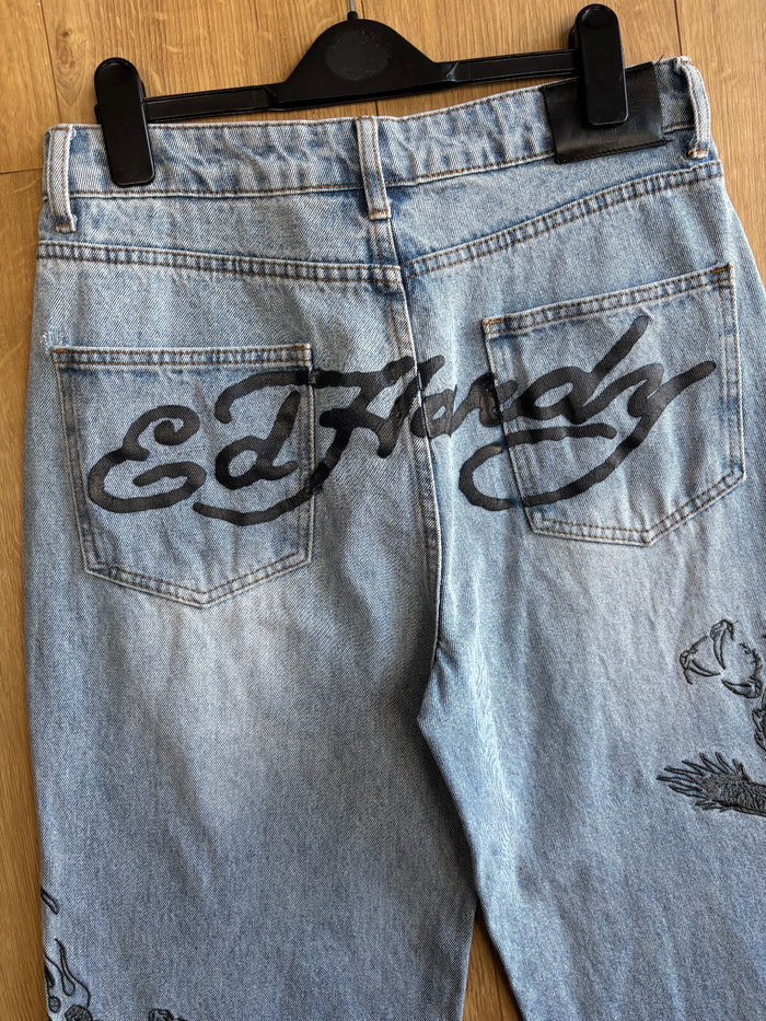 Ed Hardy x Urban Outfitters Dragon Embroidered Jeans Light Wash Baggy Y2K