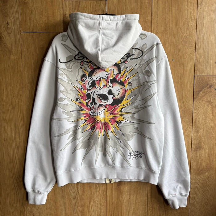 Ed Hardy x Urban Outfitters White Full Zip Hoodie Skull Graphic Y2K Size S