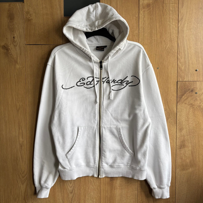 Ed Hardy x Urban Outfitters White Full Zip Hoodie Skull Graphic Y2K Size S