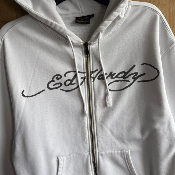Ed Hardy x Urban Outfitters White Full Zip Hoodie Skull Graphic Y2K Size S