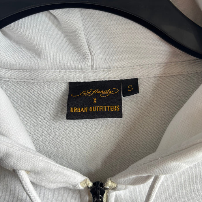 Ed Hardy x Urban Outfitters White Full Zip Hoodie Skull Graphic Y2K Size S