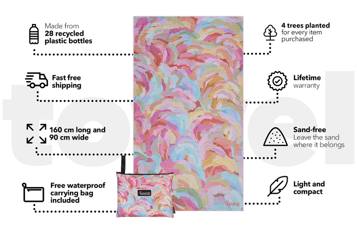 Colorful abstract swirl patterned beach towel in pink, blue, yellow and coral tones with matching carrying bag.
