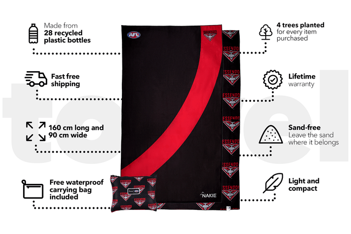 Black and red Essendon Bombers AFL beach towel with curved design and repeating club logo pattern, 160cm x 90cm, shown with m