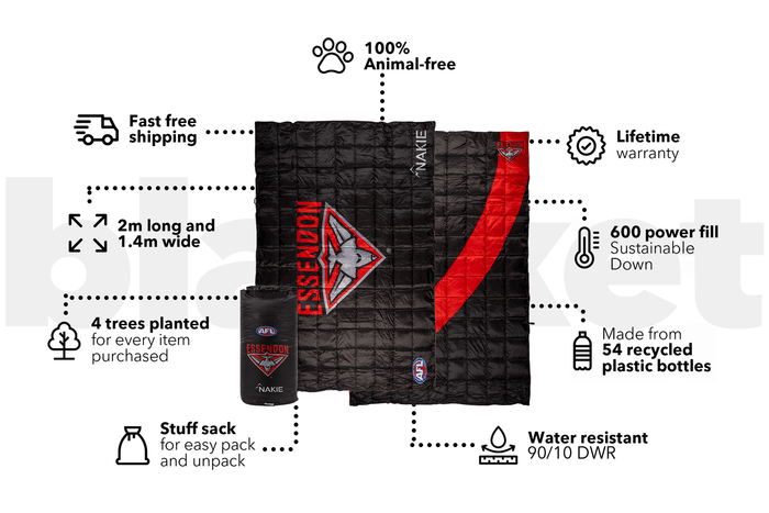 Black quilted puffy blanket with red Essendon Bombers AFL logo and chevron stripe, 2m long by 1.4m wide.