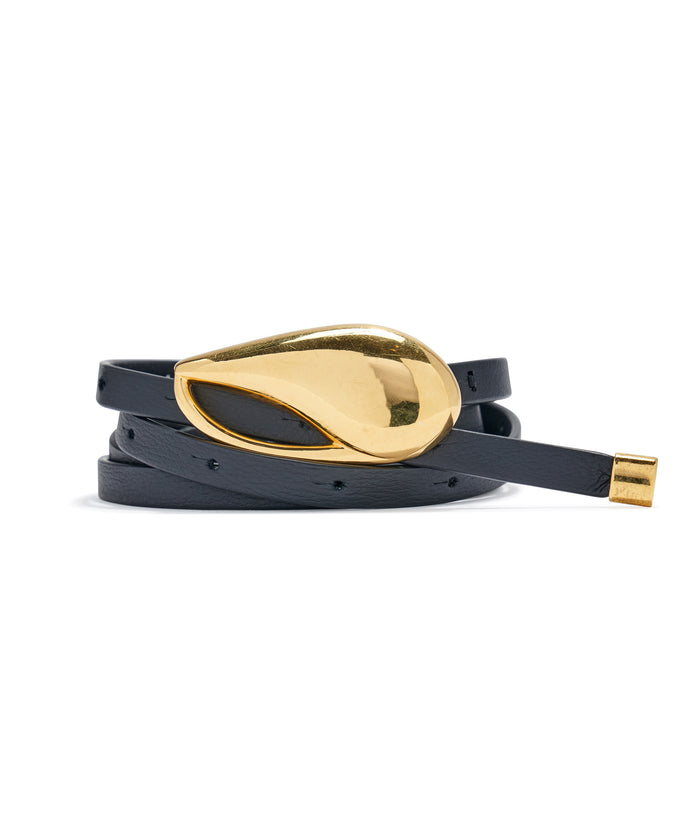 Estelle Belt in Gold. Wrapped black leather belt with gold shell buckle