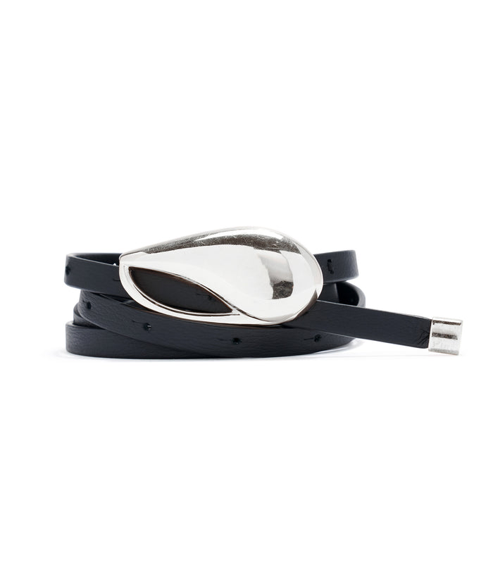 Estelle Belt in Silver. Wrapped up black leather belt with silver shell buckle