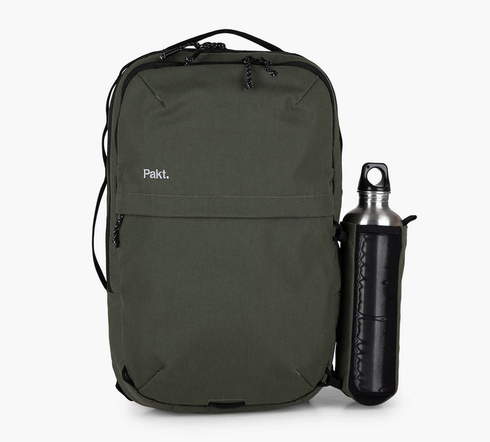 Front view of Everyday 15L Bag in Forest green showing removable water bottle sleeve and front pocket on white background