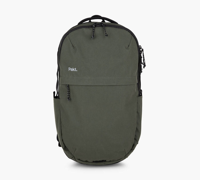 Olive-green Pakt. backpack with front zip pocket, side pockets and top carry handle