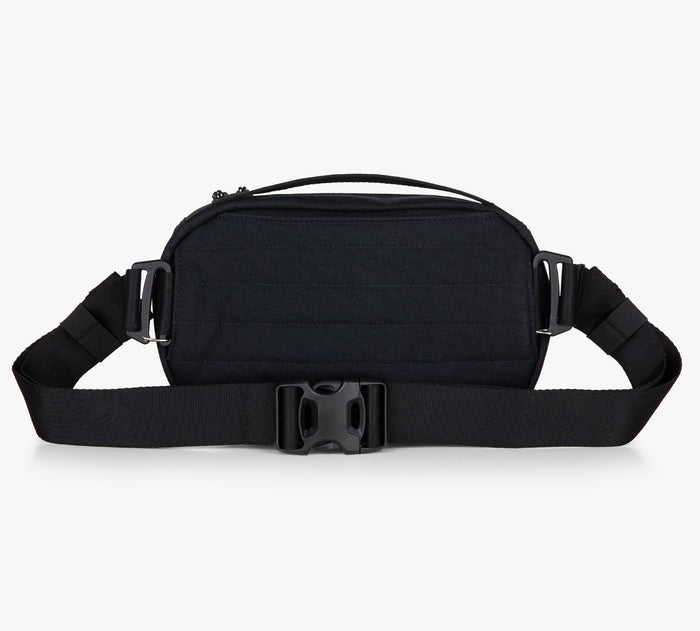 Black waist pack (fanny pack) with adjustable strap and quick-release buckle, rear view