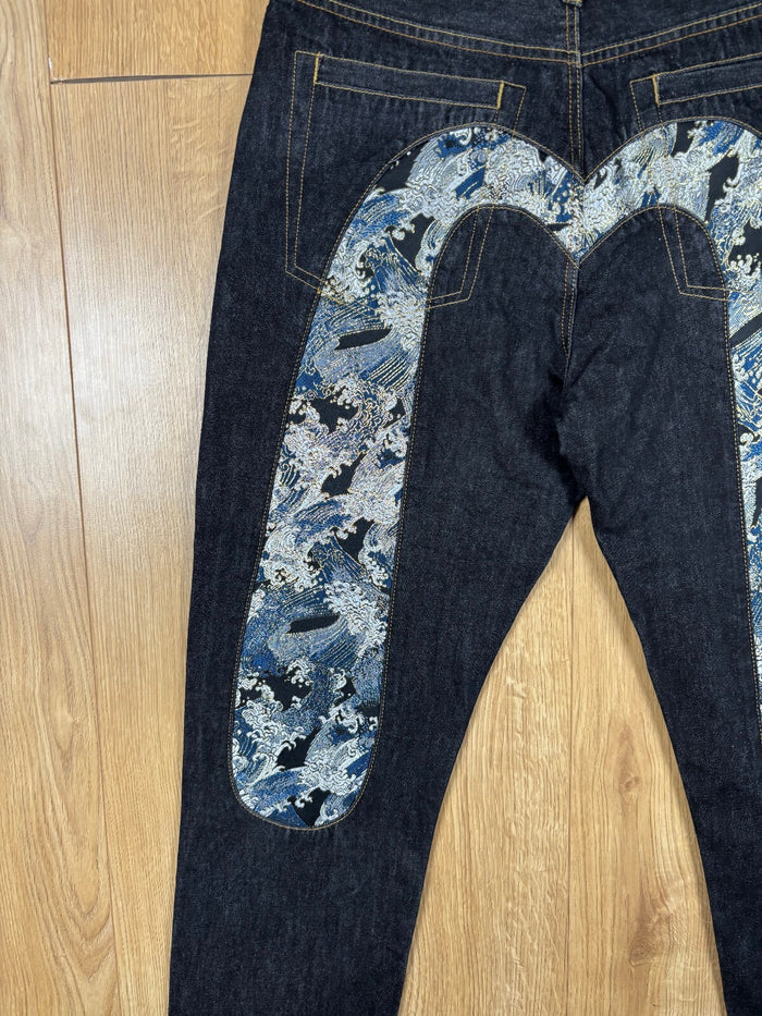 Evisu Lot 2000 Wave Daicock Selvedge Jeans W33 L34 Japanese Denim Dark Indigo