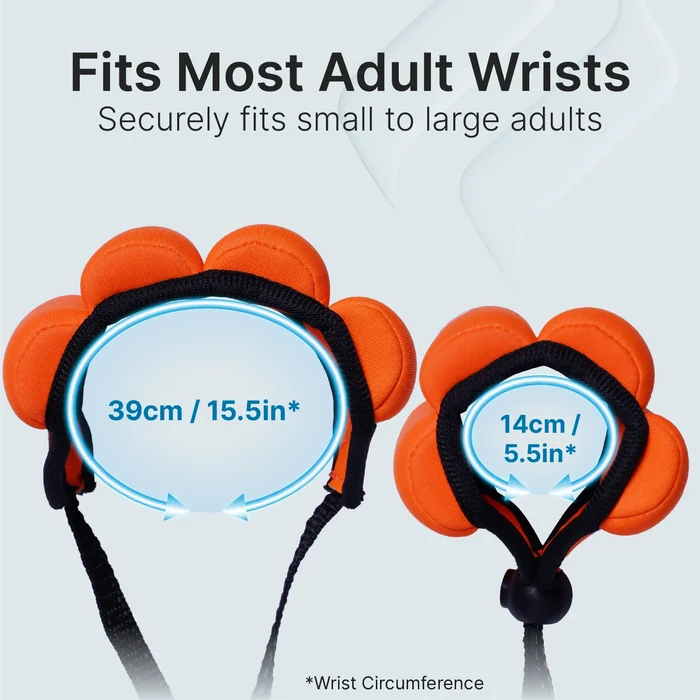 Two orange Catalyst Case US Floating Wrist Lanyards, shaped like animal paws, are shown: one large (39cm/15.5in) and one small (14cm/5.5in). Text above reads, ÃƒÂ¢Ã¢â€šÂ¬Ã…â€œFits Most Adult WristsÃƒÂ¢Ã¢â€šÂ¬Ã¢â‚¬ÂSecurely fits small to large adults.ÃƒÂ¢Ã¢â€šÂ¬Ã‚Â.