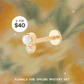 Florals for Spring Mystery Set featuring 3 gold styles for $40. Image shows an assortment of gold earrings over a gradient background.