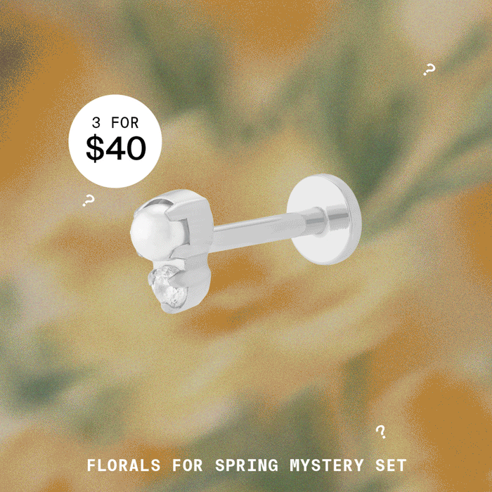Florals for Spring Mystery Set featuring 3 silver styles for $40. Image shows an assortment of silver earrings over a gradient background.