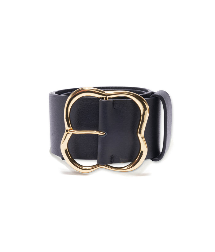 Florence Belt in Black and Gold. Thick black leather belt with clover-shaped gold buckle.