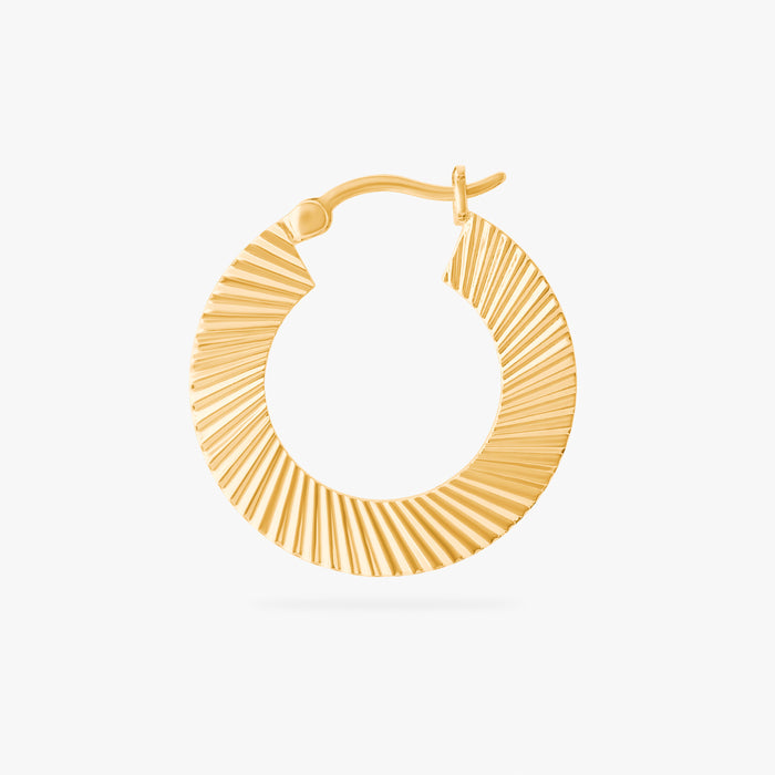 This is an image of a 14K gold plated hoop that has a fluted, shell-like finish. This image focuses on the side profile of the hoop.