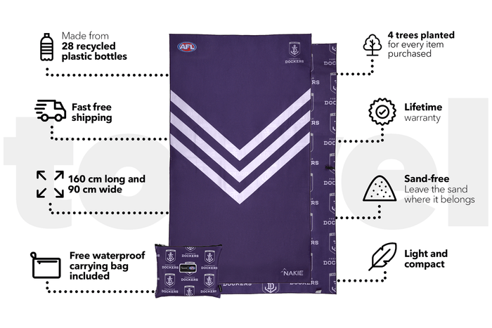 Purple Fremantle Dockers AFL beach towel with white chevron stripe design, 160cm x 90cm, made from recycled plastic bottles