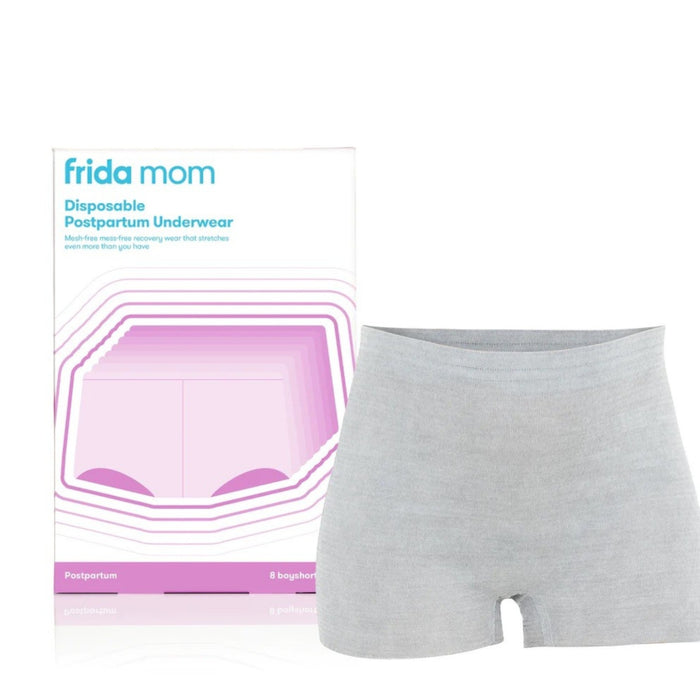 Packaging and a pair of gray boyshort disposable postpartum underwear designed by Frida Mom.