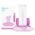 Packaging and a set of Frida Mom witch hazel perineal cooling pad liners, predominantly white and purple in color.