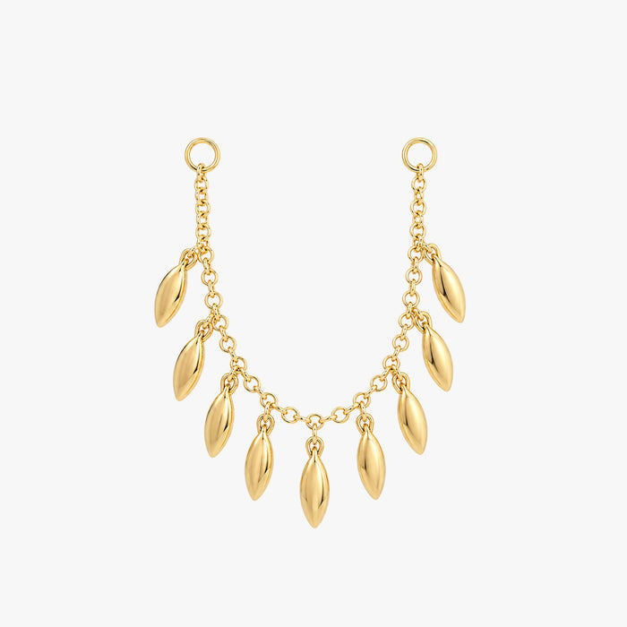 this image shows a 14k gold plated connector chain with 9 solid fringe dangles.