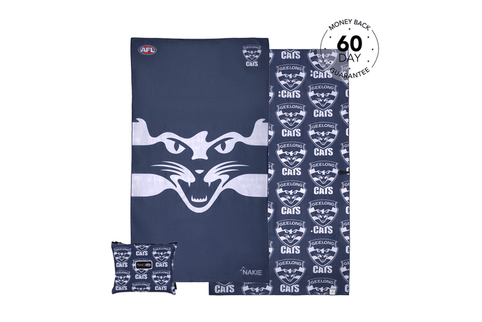 Navy Geelong Cats AFL beach towel with white cat face graphic and repeating logo pattern, sand-free design shown with carryin