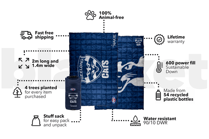 Navy Geelong Cats AFL quilted puffy blanket with white logo print, displayed flat showing 2m length and 1.4m width