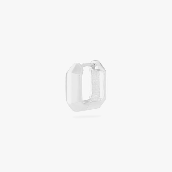 This is an image of a silver toned huggie that is square shaped. color:null|silver